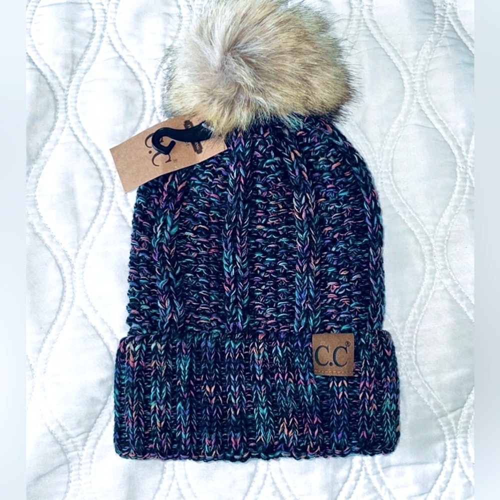C.C colorful knit, faux fur Pom-Pom beanie